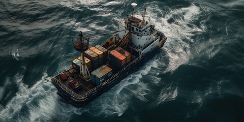 Poster - Top view from the height of the loading and unloading of a container ship.Aerial view. Panoramic shot. Generative AI