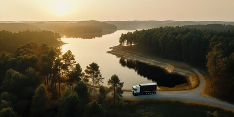 Poster - Autumn colorful trees on the side of the road with a truck.Aerial view. Panoramic shot. Generative AI