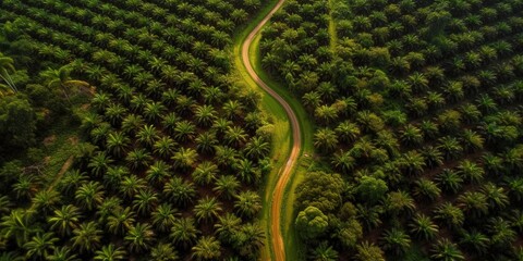 Sticker - Bird's-eye view of the road in the middle of the forest.Aerial view. Panoramic shot. Generative AI