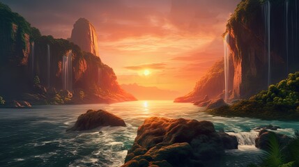 Wall Mural - illustration of sunset rock shore with cliff along coastal beach, Generative Ai