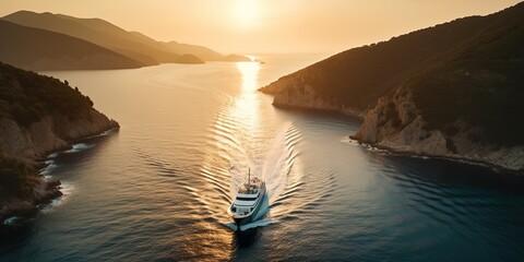 Poster - A view from a height of a speedboat in clear blue water at sunset in summer.Aerial view. Panoramic shot. Generative AI