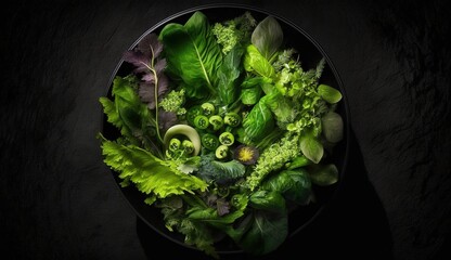 Wall Mural - Green salad with dark bowl on top. Generative AI