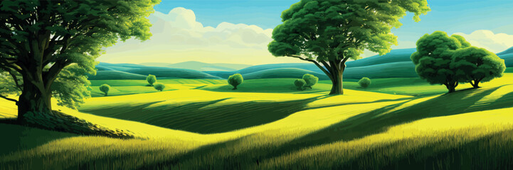 Green field, tree and blue sky. Great background, web banner. Electrical illustration Spring background. Green meadow, trees. Cartoon illustration beautiful summer landscape valley with blue sky