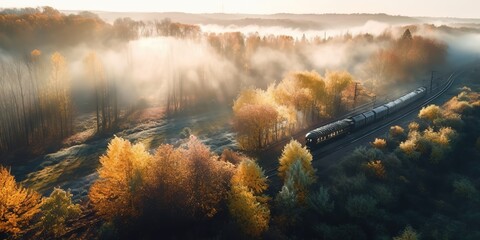 Poster - View from the height of the railway with autumn trees in the fog.Aerial view. Panoramic shot. Generative AI