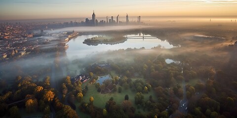 Poster - View from the height of the city in the fog.Aerial view. Panoramic shot. Generative AI