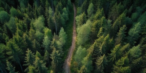 Poster - Bird's-eye view of the road in the middle of the forest.Aerial view. Panoramic shot. Generative AI