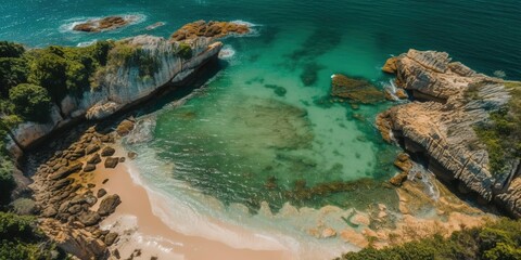 Poster - A beautiful picture of a rocky beach with a cliff from above.Aerial view. Panoramic shot. Generative AI