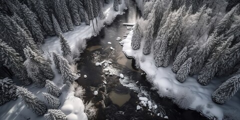 Aufkleber - View from a height on a winter country road in a snow-covered forest.Aerial view. Panoramic shot. Generative AI