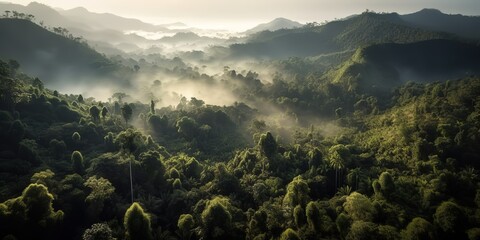 Poster - View from the height of the forest in the fog.Aerial view. Panoramic shot. Generative AI