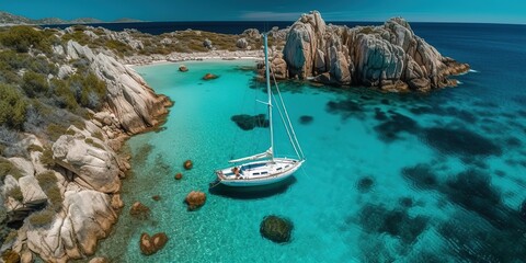 Poster - View from the height of the lake with a sailboat.Aerial view. Panoramic shot. Generative AI