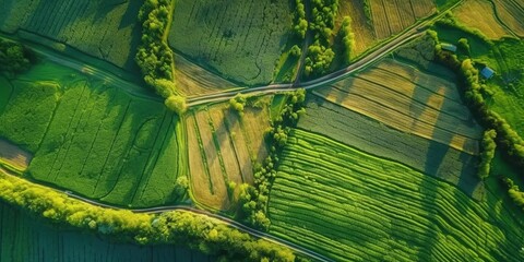 Poster - Panoramic view from the height of green fields and meadows in summer.Aerial view. Panoramic shot. Generative AI