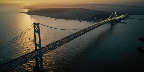 Poster - View from the height of the bridge over the river.Aerial view. Panoramic shot. Generative AI