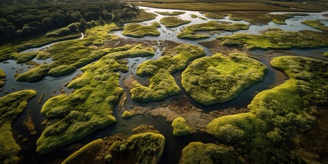 Canvas Print - View from the height of the forest and the river in the middle of the forest.Aerial view. Panoramic shot. Generative AI