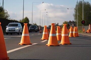 Wall Mural - a row of traffic cones guiding drivers to a detour during roadwork, created with generative ai