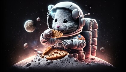 Wall Mural - Cute cartoon mouse in astronaut suit eating the Moon. Generative AI