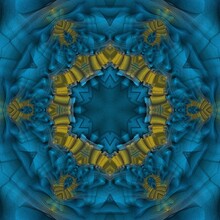 Hexagonal Floral Fantasy Gold Yellow On Blue