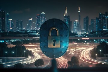 Glowing padlock hologram over nightly heavy traffic in Southeast Asian city of Bangkok. the idea of using cyber security to safeguard businesses. two fold exposure