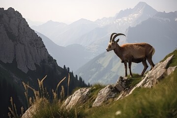 Wall Mural - ibex grazing on a cliffside meadow, surrounded by the stunning mountain scenery, created with generative ai