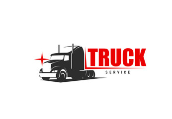 Wall Mural - Truck repair service icon. Freight transportation, cargo delivery or vehicle repair garage station workshop vector symbol with modern American semi truck, trailer hauling lorry and typographic