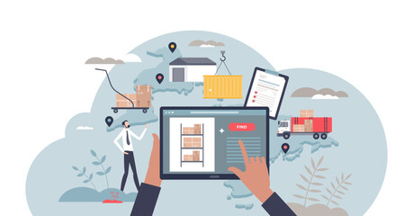 Inventory management with modern warehouse software tiny person concept, transparent background.Digital app for stock analysis, supply and demand control illustration.