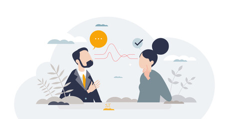 Active listening and speech hearing communication skills tiny person concept, transparent background. Couple conversation with soft skills and ability to understand info illustration.