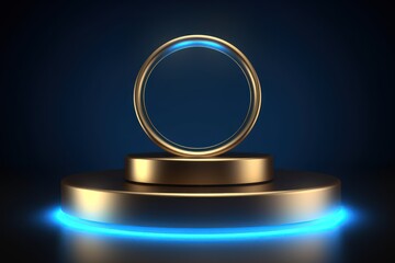 Poster - Abstract round podium illuminated with blue neon light. Generative AI