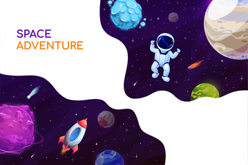 Poster - Astronaut in outer space, cartoon galaxy landscape with planets, rocket and stars, vector background. Spaceman with rocket shuttle or spaceship in spaceflight to fantasy galaxy planets with asteroids