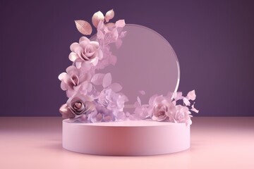 Poster - Generative AI, abstract background, podium for product presentation with flowers.
