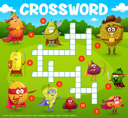 Poster - Crossword grid cartoon fruits superhero characters. Quiz game with vector funny durian, melon, grape, papaya and mandarin. Pear, kaffir or carambola, figs and lichi fairytale personages on green lawn