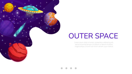 Poster - Landing page, space with cartoon galaxy planets and UFO, vector website template background. Outer space discovery and galaxy exploration, fantasy alien planets and spaceship in starry galactic sky