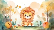 Watercolor Style Illustration Of Happy Lion Cub In Flower Blossom Garden, Idea For Home Wall Decor, Kid Room, Generative Ai