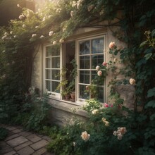Vintage Windows With Open Wooden Shutters And Fresh Flowers. .Created With Generative AI