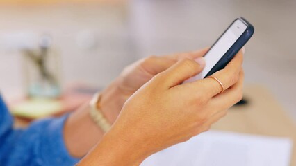 Poster - Phone closeup, woman and hand on a social media app and texting in a house. Female, mobile communication and text of a person holding a cellphone typing on a internet and web conversation online
