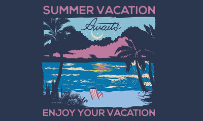 Enjoy your vacation. Summer vacation graphic print design for t shirt print, poster, sticker, background and other uses. Palm tree colorful retro print artwork. Beach camping artwork. Relax chare.