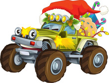 Cartoon Christmas Car Offroad  Illustration For The Children