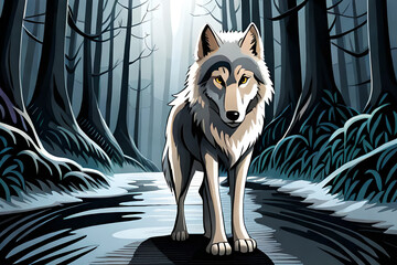 Wall Mural - Wolf stands in forest on path.