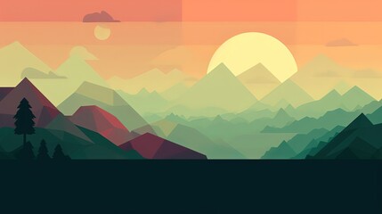 Wall Mural - minimalist flat design illustration of nature landscape mountain forest at sunset or sunrise time, Generative Ai