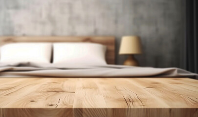 Poster - wooden board with blurred bedroom interior background and copy space for product