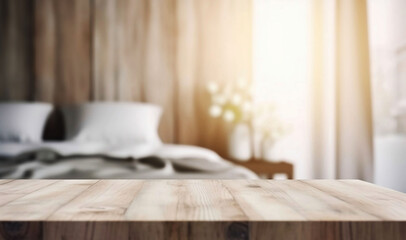 Poster - Wooden Board with Blurred Bedroom Interior Background and Copy Space for Product
