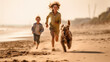 © nenetus - Beautiful sisters running on the beach sand with her cute dog. Generative AI