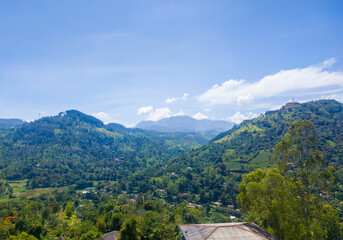 Wall Mural - Beautiful mountain tropical landscape with green hills and tea plantations. Photography for tourism background, design and advertising.