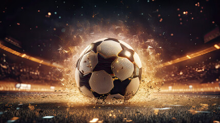 Football ball on the pitch in a thrilling night match. Postproducted generative AI illustration.