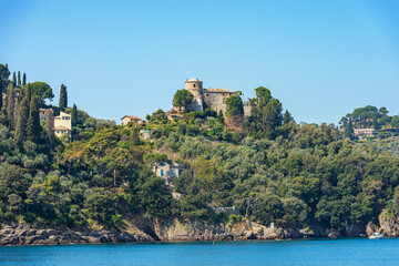 Poster - Medieval castle Brown or of Saint George (San Giorgio) in the famous village of Portofino, Mediterranean sea (Ligurian sea), Genoa province (Genova), Liguria, Italy, Europe.