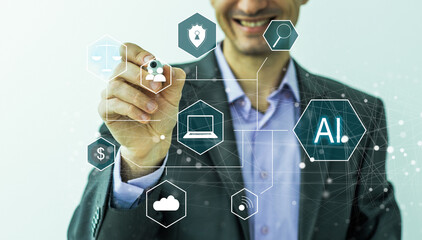 Poster - Hand touching digital chatbot for provide access to information and data in online network, robot application and global connection, AI, Artificial intelligence, innovation and technology