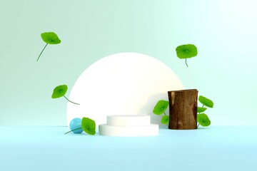 3d rendering of white round podium stacked, brown log and centella asiatica leaves floating on a blue background. Pedestal for cosmetic product and packaging mockups display presentation
