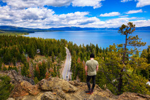 Hiker Enjoying The View Of Lake Tahoe From The Eagle Rock In California