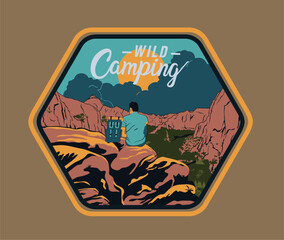 Wall Mural - men hiking with backpack vector, mountain camping design, outdoor camping artwork, summer adventure design for t shirt, clothing, sticker, poster