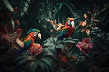 Wall Mural - Colored tropical birds and beautiful surreal flowers. Generative AI