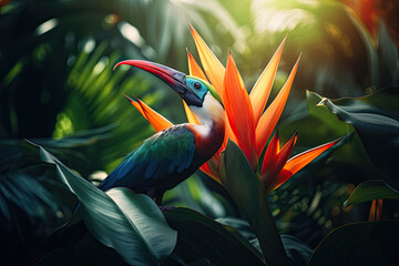 Wall Mural - Colored tropical bird and beautiful surreal flowers. Generative AI