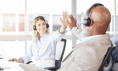 Canvas Print - Business people, call center and high five for happy success, partnership or winning in teamwork at office. Group of employee consultants or agents touching hands in celebration for win at workplace